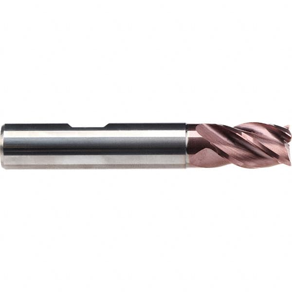 Emuge - 1/4" Diam, 13/32" LOC, 4 Flute Solid Carbide Roughing & Finishing End Mill - TiAlN Finish, 2-1/8" OAL, 1/4" Shank Diam, Weldon Shank, 38° Helix, Centercutting, Stub Length - Makers Industrial Supply