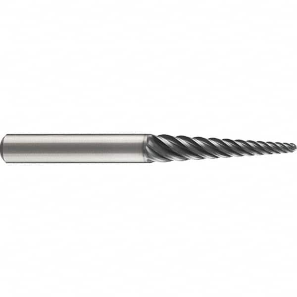 Emuge - 4° Taper Angle per Side, 3mm Small End Diam, 74mm LOC, Solid Carbide 6 Flute Tapered Ball End Mill - AlCr Finish, 140mm OAL, 16mm Shank Diam, Spiral Flute, 38° Helix - Makers Industrial Supply