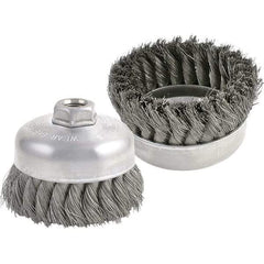 Brush Research Mfg. - 4" Diam, 5/8-11 Threaded Arbor, Carbon Steel Fill Cup Brush - 0.014 Wire Diam, 1-1/4" Trim Length, 9,000 Max RPM - Makers Industrial Supply