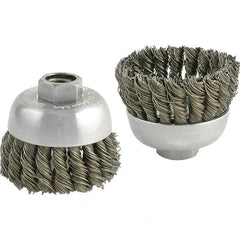 Brush Research Mfg. - 2-3/4" Diam, 5/8-11 Threaded Arbor, Carbon Steel Fill Cup Brush - 0.02 Wire Diam, 1" Trim Length, 6,600 Max RPM - Makers Industrial Supply