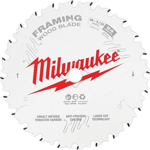 Milwaukee Tool - 6-1/2" Diam, 5/8" Arbor Hole Diam, 24 Tooth Wet & Dry Cut Saw Blade - Tungsten Carbide-Tipped, Framing Action, Standard Round Arbor - Makers Industrial Supply