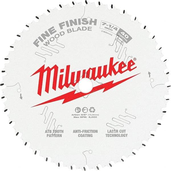 Milwaukee Tool - 7-1/4" Diam, 10mm Arbor Hole Diam, 40 Tooth Wet & Dry Cut Saw Blade - Tungsten Carbide-Tipped, Fine Finish Action, Standard Round Arbor - Makers Industrial Supply