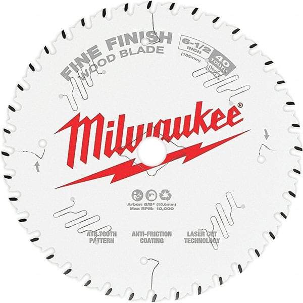 Milwaukee Tool - 6-1/2" Diam, 5/8" Arbor Hole Diam, 40 Tooth Wet & Dry Cut Saw Blade - Tungsten Carbide-Tipped, Fine Finish Action, Standard Round Arbor - Makers Industrial Supply