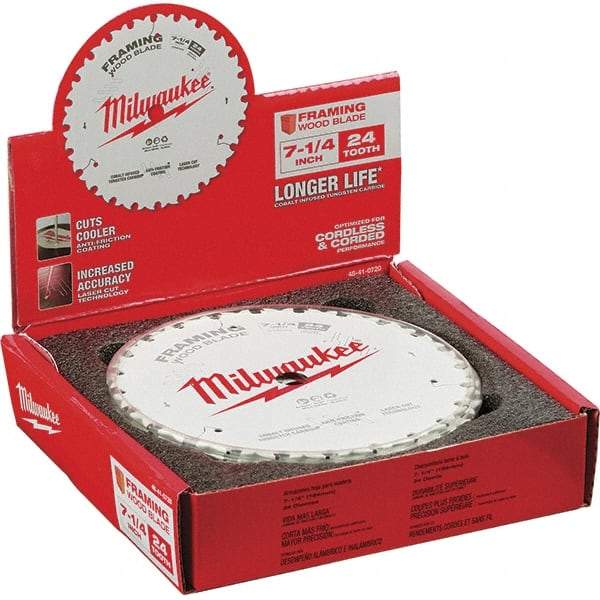 Milwaukee Tool - 7-1/4" Diam, 5/8" Arbor Hole Diam, 24 Tooth Wet & Dry Cut Saw Blade - Tungsten Carbide-Tipped, Framing Action, Standard Round Arbor - Makers Industrial Supply