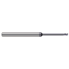 Corner Radius End Mill: 0.025″ Dia, 0.038″ LOC, 0.004″ Radius, 3 Flutes, Solid Carbide 2-1/2″ OAL, 1/8″ Shank Dia, 34 ° Helix, AlTiN Coated, Corner Radius End