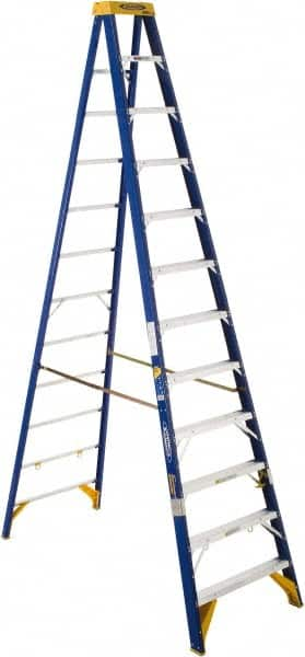 Werner - 12 Steps, 12' High, Type IAA Rating, Fiberglass Step Ladder - 375 Lb Load Capacity, 33-7/8" Base Width - Makers Industrial Supply