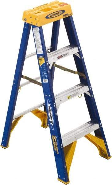 Werner - 4 Steps, 4' High, Type IAA Rating, Fiberglass Step Ladder - 375 Lb Load Capacity, 19-7/8" Base Width - Makers Industrial Supply