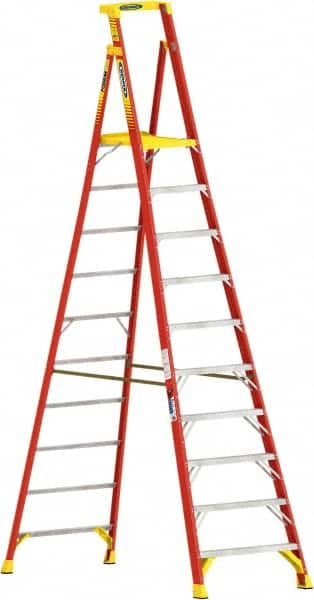 Werner - 10 Steps, 10' High, Type IA Rating, Fiberglass Step Ladder - 300 Lb Load Capacity, 38-3/8" Base Width - Makers Industrial Supply