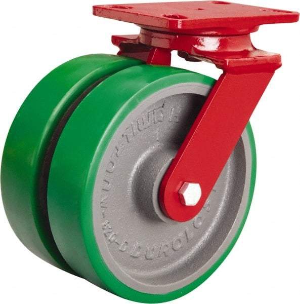 Hamilton - 8" Diam x 2" Wide x 9-3/4" OAH Top Plate Mount Swivel Caster - Polyurethane Mold onto Cast Iron Center, 3,000 Lb Capacity, Tapered Roller Bearing, 4-1/2 x 6-1/2" Plate - Makers Industrial Supply