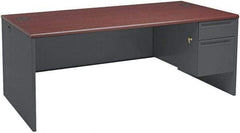 Hon - Steel-Reinforced High-Pressure Laminate/Metal Right Pedestal Desk - 72" Wide x 36" Deep x 29" High, Mahogany/Charcoal - Makers Industrial Supply