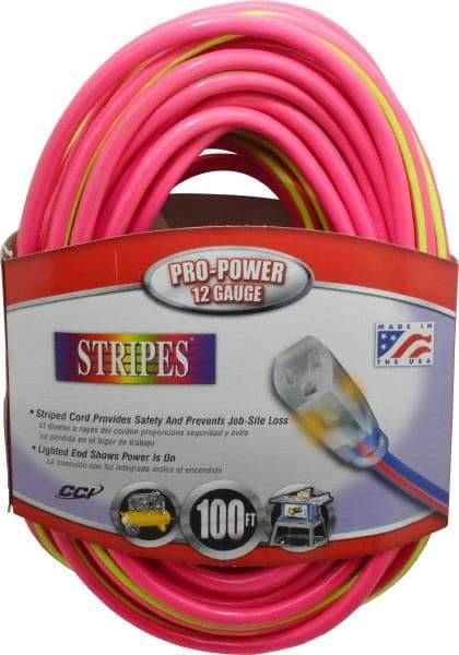 Southwire - 100', 12/3 Gauge/Conductors, Pink/Lime Green Outdoor Extension Cord - 1 Receptacle, 15 Amps, 125 VAC, UL SJTW, NEMA 5-15P, 5-15R - Makers Industrial Supply