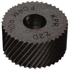 Made in USA - 5/16" Diam, 90° Tooth Angle, 25 TPI, Standard (Shape), Form Type Cobalt Right-Hand Diagonal Knurl Wheel - 5/32" Face Width, 1/8" Hole, Circular Pitch, 30° Helix, Bright Finish, Series BP - Exact Industrial Supply