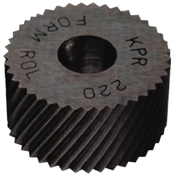 Made in USA - 1" Diam, 90° Tooth Angle, 14 TPI, Standard (Shape), Form Type High Speed Steel Right-Hand Diagonal Knurl Wheel - 3/8" Face Width, 5/16" Hole, Circular Pitch, 30° Helix, Bright Finish, Series OU - Exact Industrial Supply