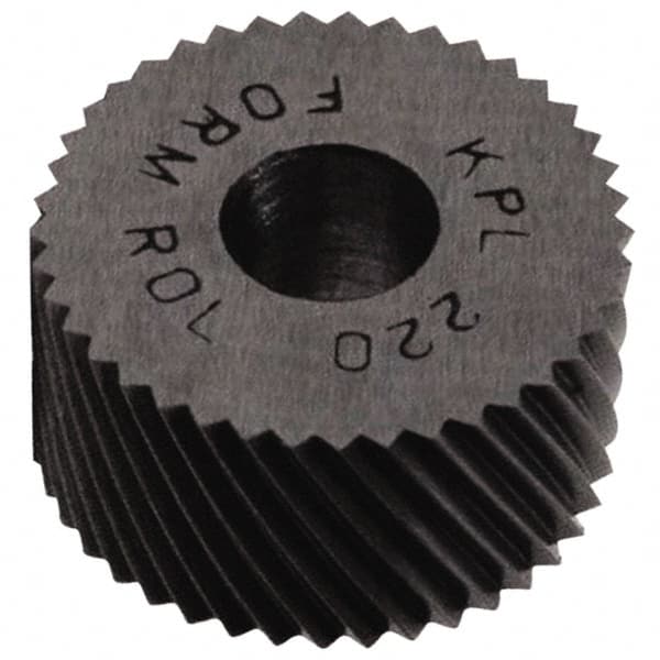 Made in USA - 3/4" Diam, 70° Tooth Angle, 80 TPI, Standard (Shape), Form Type Cobalt Left-Hand Diagonal Knurl Wheel - 3/8" Face Width, 1/4" Hole, Circular Pitch, 30° Helix, Bright Finish, Series KP - Exact Industrial Supply