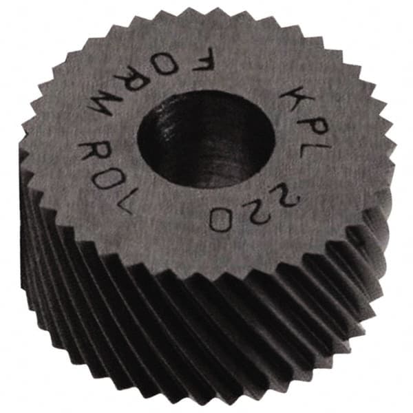 Made in USA - 3/4" Diam, 70° Tooth Angle, 50 TPI, Standard (Shape), Form Type Cobalt Left-Hand Diagonal Knurl Wheel - 1/4" Face Width, 1/4" Hole, Circular Pitch, 30° Helix, Bright Finish, Series KN - Exact Industrial Supply