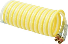 Coilhose Pneumatics - 1/4" ID, 1/4 Thread, 12' Long, Yellow & Natural Nylon Coiled & Self Storing Hose - 185 Max psi, Male Swivel x Male Swivel - Makers Industrial Supply