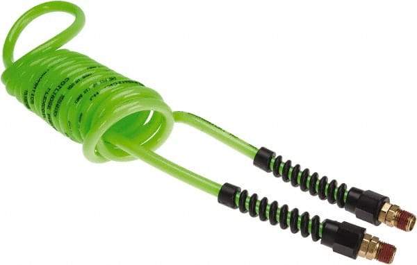 Coilhose Pneumatics - 1/4" ID, 1/4 Thread, 10' Long, Neon Green Polyurethane Coiled & Self Storing Hose - 125 Max psi, Male Swivel x Male Swivel with Strain Relief - Makers Industrial Supply