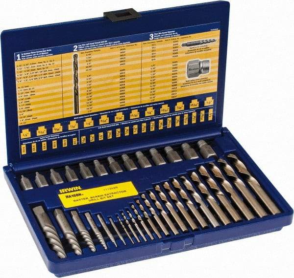 Irwin Hanson - 35 Piece Spiral Flute Screw Extractor & Drill Set - Screw Range 1/8 to 1/2" - Makers Industrial Supply