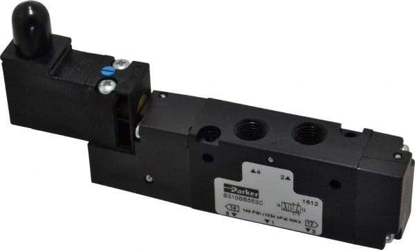 Parker - 1/8", 4-Way Body Ported Stacking Solenoid Valve - 120 VAC, 0.75 CV Rate, Air Return, 2.14" High x 4.67" Long - Makers Industrial Supply