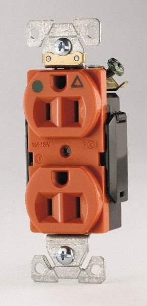 Cooper Wiring Devices - 125 VAC, 15 Amp, 5-15R NEMA Configuration, Orange, Hospital Grade, Isolated Ground Duplex Receptacle - 1 Phase, 2 Poles, 3 Wire, Flush Mount, Chemical, Heat and Impact Resistant - Makers Industrial Supply