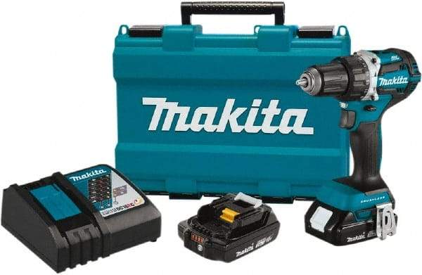 Makita - 18 Volt 1/2" Chuck Pistol Grip Handle Cordless Drill - 0-2000 RPM, Reversible, 2 Lithium-Ion Batteries Included - Makers Industrial Supply