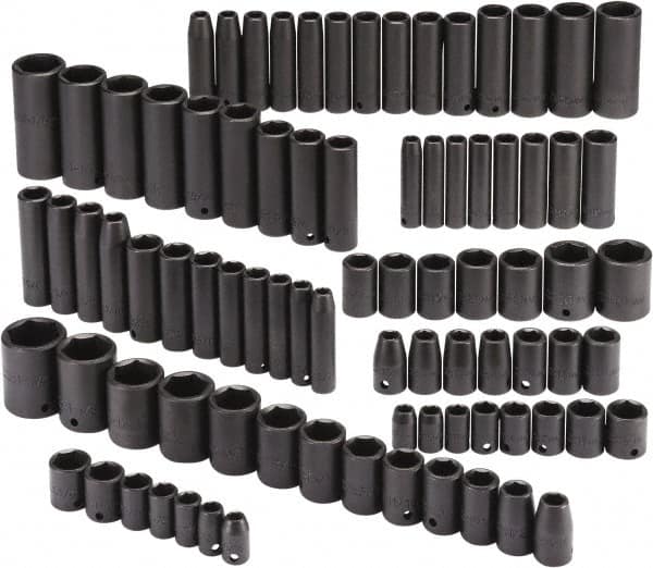 Proto - 86 Piece 3/8" & 1/2" Drive Black Finish Deep Well Impact Socket Set - 6 Points, 5/16" to 1-1/4" (9mm to 27mm) Range, Inch/Metric Measurement Standard - Makers Industrial Supply