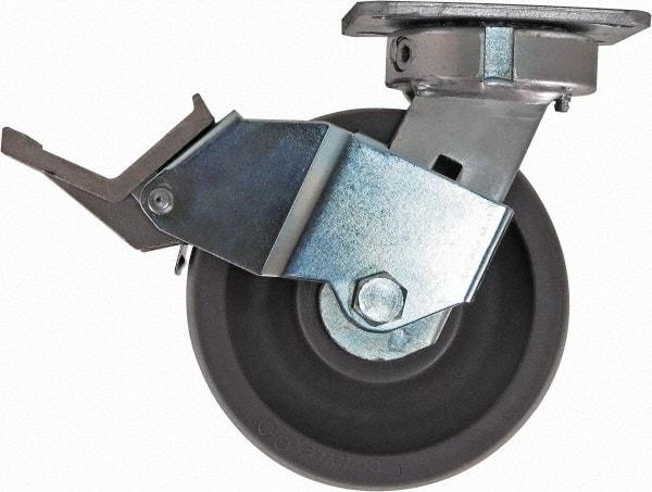 Caster Connection - 6" Diam x 2" Wide x 7-1/2" OAH Top Plate Mount Swivel Caster with Brake - Nylon, 1,500 Lb Capacity, Sealed Precision Ball Bearing, 4 x 4-1/2" Plate - Makers Industrial Supply