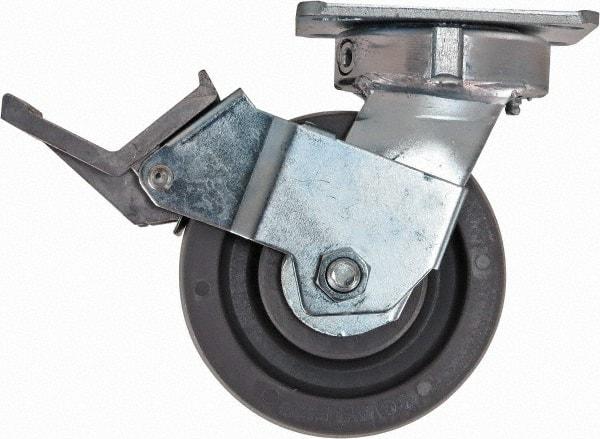 Caster Connection - 5" Diam x 2" Wide x 6-1/2" OAH Top Plate Mount Swivel Caster with Brake - Nylon, 1,250 Lb Capacity, Sealed Precision Ball Bearing, 4 x 4-1/2" Plate - Makers Industrial Supply