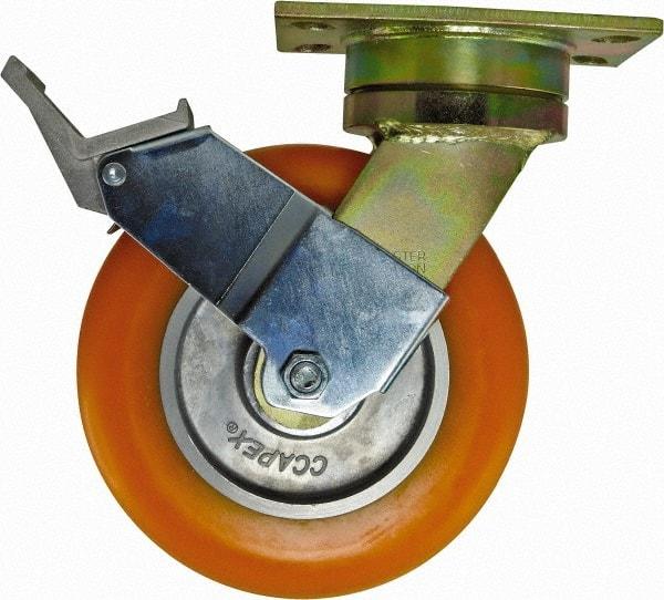 Caster Connection - 8" Diam x 2" Wide x 10-1/8" OAH Top Plate Mount Swivel Caster with Brake - Polyurethane, 1,200 Lb Capacity, Sealed Precision Ball Bearing, 4-1/2 x 6-1/4" Plate - Makers Industrial Supply