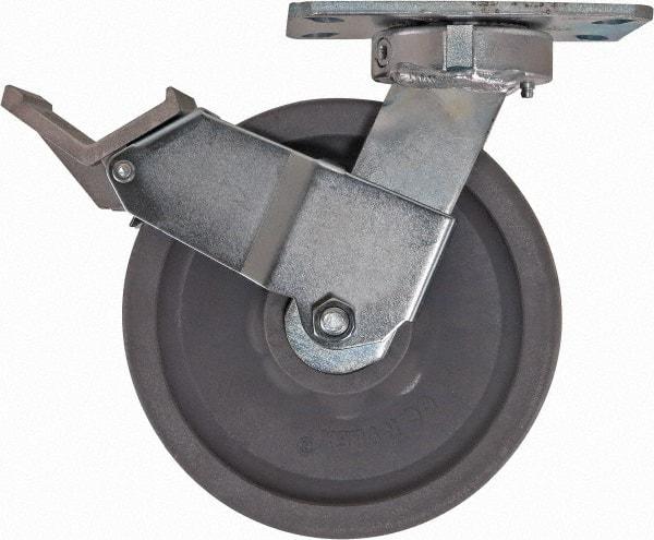 Caster Connection - 8" Diam x 2" Wide x 9-1/2" OAH Top Plate Mount Swivel Caster with Brake - Nylon, 2,000 Lb Capacity, Sealed Precision Ball Bearing, 4-1/2 x 6-1/4" Plate - Makers Industrial Supply