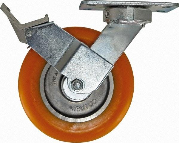 Caster Connection - 8" Diam x 2" Wide x 9-1/2" OAH Top Plate Mount Swivel Caster with Brake - Polyurethane, 1,200 Lb Capacity, Sealed Precision Ball Bearing, 4-1/2 x 6-1/4" Plate - Makers Industrial Supply