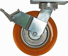 Caster Connection - 8" Diam x 2" Wide x 9-1/2" OAH Top Plate Mount Swivel Caster with Brake - Polyurethane, 1,200 Lb Capacity, Sealed Precision Ball Bearing, 4-1/2 x 6-1/4" Plate - Makers Industrial Supply