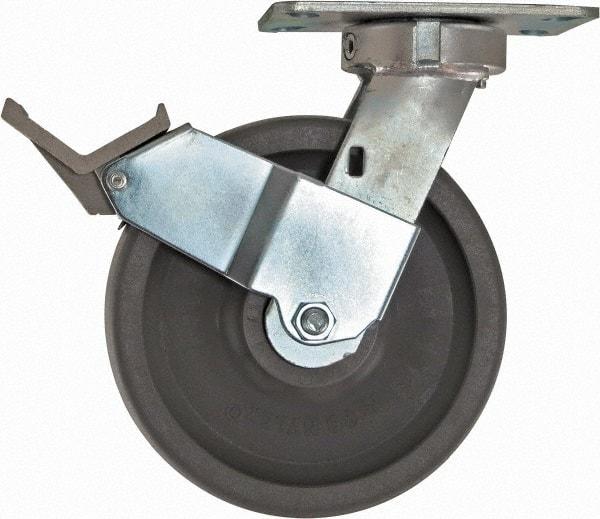 Caster Connection - 8" Diam x 2" Wide x 10-1/8" OAH Top Plate Mount Swivel Caster with Brake - Nylon, 2,000 Lb Capacity, Sealed Precision Ball Bearing, 4-1/2 x 6-1/4" Plate - Makers Industrial Supply