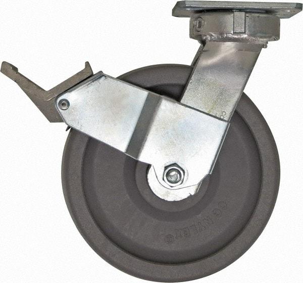 Caster Connection - 8" Diam x 2" Wide x 10-1/8" OAH Top Plate Mount Swivel Caster with Brake - Nylon, 2,000 Lb Capacity, Sealed Precision Ball Bearing, 4 x 4-1/2" Plate - Makers Industrial Supply