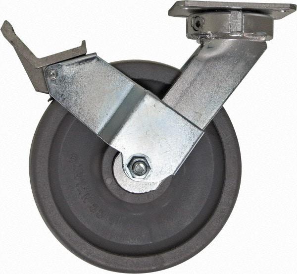 Caster Connection - 8" Diam x 2" Wide x 10-1/8" OAH Top Plate Mount Swivel Caster with Brake - Nylon, 2,000 Lb Capacity, Sealed Precision Ball Bearing, 4 x 4-1/2" Plate - Makers Industrial Supply