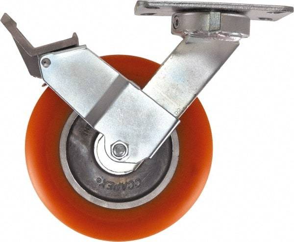 Caster Connection - 8" Diam x 2" Wide x 10-1/8" OAH Top Plate Mount Swivel Caster with Brake - Polyurethane, 1,200 Lb Capacity, Sealed Precision Ball Bearing, 4-1/2 x 6-1/4" Plate - Makers Industrial Supply