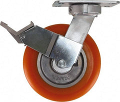 Caster Connection - 8" Diam x 2" Wide x 10-1/8" OAH Top Plate Mount Swivel Caster with Brake - Polyurethane, 1,200 Lb Capacity, Sealed Precision Ball Bearing, 4-1/2 x 6-1/4" Plate - Makers Industrial Supply