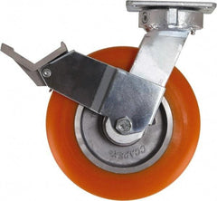 Caster Connection - 8" Diam x 2" Wide x 10-1/8" OAH Top Plate Mount Swivel Caster with Brake - Polyurethane, 1,200 Lb Capacity, Sealed Precision Ball Bearing, 4 x 4-1/2" Plate - Makers Industrial Supply