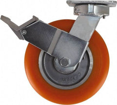 Caster Connection - 8" Diam x 2" Wide x 9-1/2" OAH Top Plate Mount Swivel Caster with Brake - Polyurethane, 1,200 Lb Capacity, Sealed Precision Ball Bearing, 4 x 4-1/2" Plate - Makers Industrial Supply