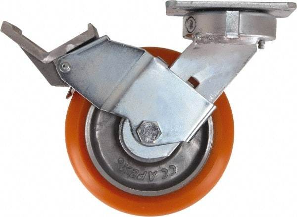 Caster Connection - 6" Diam x 2" Wide x 7-1/2" OAH Top Plate Mount Swivel Caster with Brake - Polyurethane, 1,000 Lb Capacity, Sealed Precision Ball Bearing, 4 x 4-1/2" Plate - Makers Industrial Supply