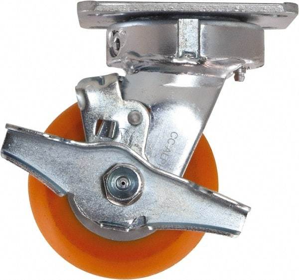 Caster Connection - 4" Diam x 2" Wide x 5-5/8" OAH Top Plate Mount Swivel Caster with Brake - Polyurethane, 700 Lb Capacity, Sealed Precision Ball Bearing, 4 x 4-1/2" Plate - Makers Industrial Supply