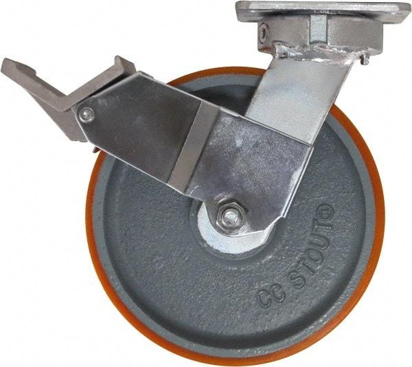 Caster Connection - 8" Diam x 2" Wide x 9-1/2" OAH Top Plate Mount Swivel Caster with Brake - Polyurethane, 1,500 Lb Capacity, Sealed Precision Ball Bearing, 4 x 4-1/2" Plate - Makers Industrial Supply