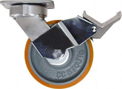 Caster Connection - 6" Diam x 2" Wide x 7-1/2" OAH Top Plate Mount Swivel Caster with Brake - Polyurethane, 1,250 Lb Capacity, Sealed Precision Ball Bearing, 4 x 4-1/2" Plate - Makers Industrial Supply