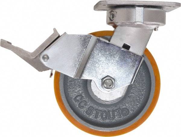 Caster Connection - 6" Diam x 2" Wide x 7-1/2" OAH Top Plate Mount Swivel Caster with Brake - Polyurethane, 1,250 Lb Capacity, Sealed Precision Ball Bearing, 4 x 4-1/2" Plate - Makers Industrial Supply