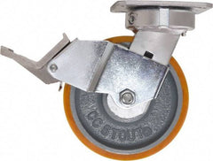 Caster Connection - 6" Diam x 2" Wide x 7-1/2" OAH Top Plate Mount Swivel Caster with Brake - Polyurethane, 1,250 Lb Capacity, Sealed Precision Ball Bearing, 4 x 4-1/2" Plate - Makers Industrial Supply