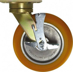 Caster Connection - 10" Diam x 2" Wide x 12" OAH Top Plate Mount Swivel Caster with Brake - Polyurethane, 1,500 Lb Capacity, Sealed Precision Ball Bearing, 4-1/2 x 6-1/4" Plate - Makers Industrial Supply