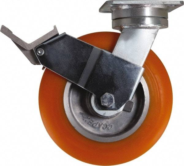 Caster Connection - 8" Diam x 2" Wide x 9-1/2" OAH Top Plate Mount Swivel Caster with Brake - Polyurethane, 1,200 Lb Capacity, Sealed Precision Ball Bearing, 4 x 4-1/2" Plate - Makers Industrial Supply