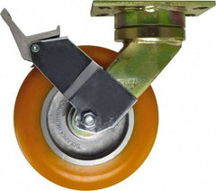 Caster Connection - 8" Diam x 1-1/4" Wide x 10-1/8" OAH Top Plate Mount Swivel Caster with Brake - Polyurethane, 1,200 Lb Capacity, Sealed Precision Ball Bearing, 4-1/2 x 6-1/4" Plate - Makers Industrial Supply