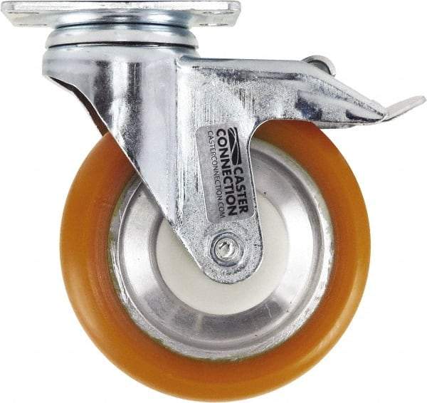 Caster Connection - 5" Diam x 1-1/4" Wide x 6-1/4" OAH Top Plate Mount Swivel Caster with Brake - Polyurethane, 450 Lb Capacity, Sealed Precision Ball Bearing, 2-3/8 x 3-5/8" Plate - Makers Industrial Supply