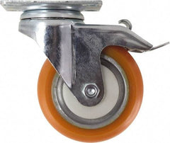 Caster Connection - 4" Diam x 1-1/4" Wide x 5-1/8" OAH Top Plate Mount Swivel Caster with Brake - Polyurethane, 400 Lb Capacity, Sealed Precision Ball Bearing, 2-3/8 x 3-5/8" Plate - Makers Industrial Supply